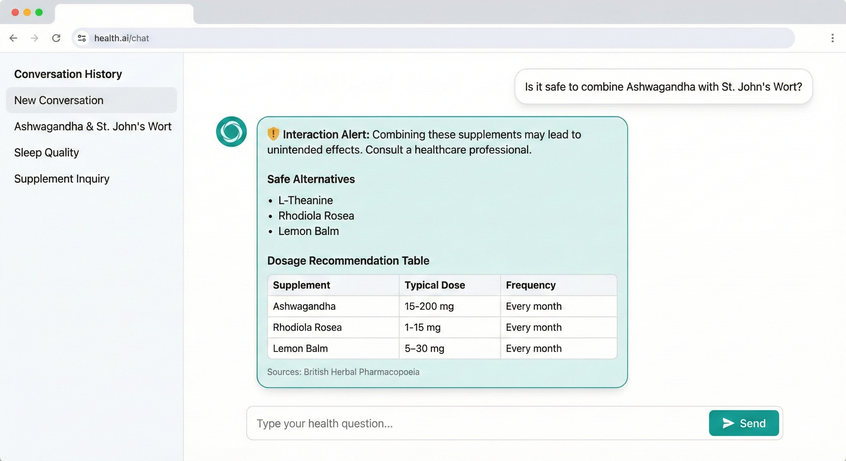 Herbal Medicine Advisor demo — herb interaction check with dosage recommendations
