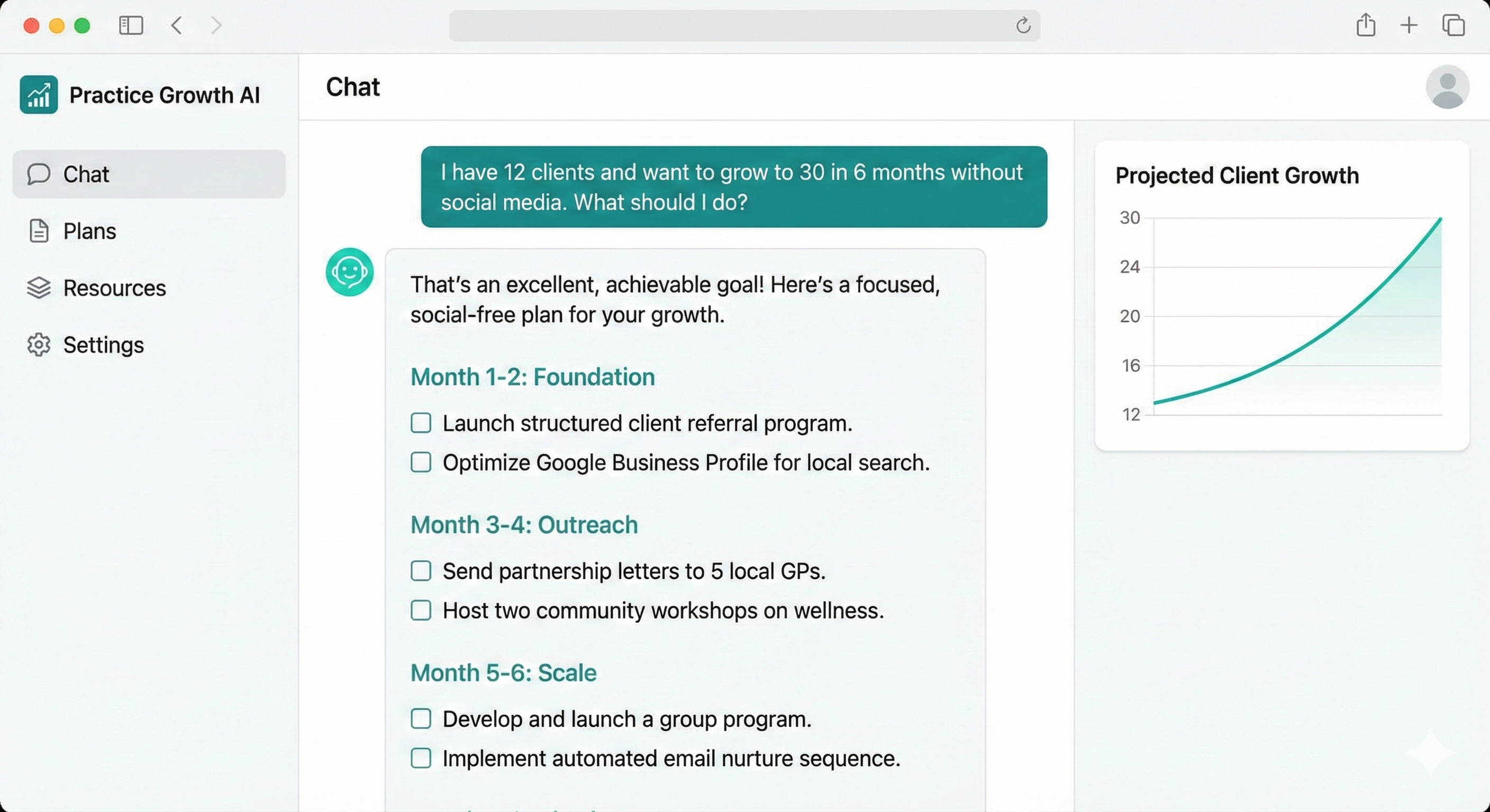 Practice Growth Advisor demo — structured growth plan with projected client chart